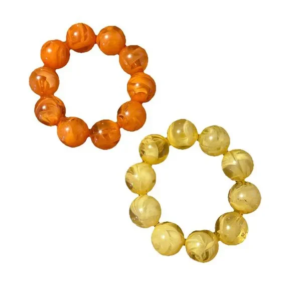 Pair Womens Bracelets Large Marble Beads Stretch Band Yellow Orange - Picture 1 of 5